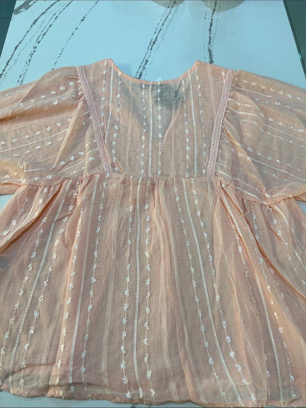 Very J V- neck Blouse Peach Lace-Trim Sheer Peasant Tunic size S - Picture 11 of 14